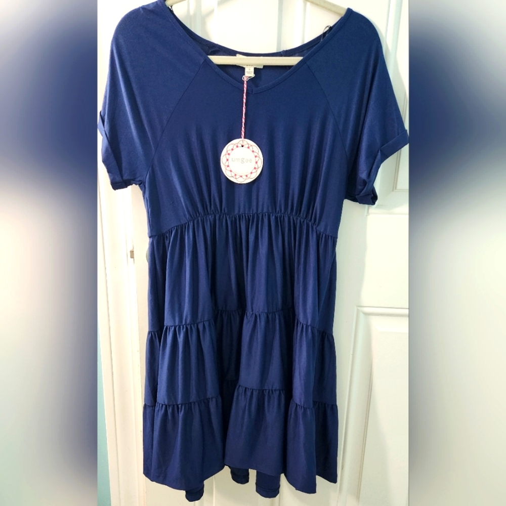 Umgee NWT Ruffle Spandex Dress Navy Blue Lightweight Size S Silky